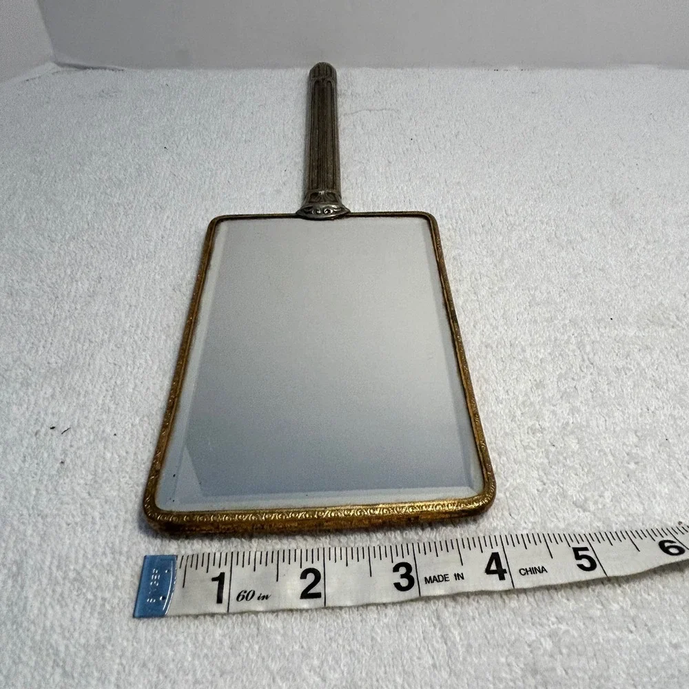Vintage Art Deco Pink Guilloche Enamel Hand Mirror Flower Basket Beveled Glass